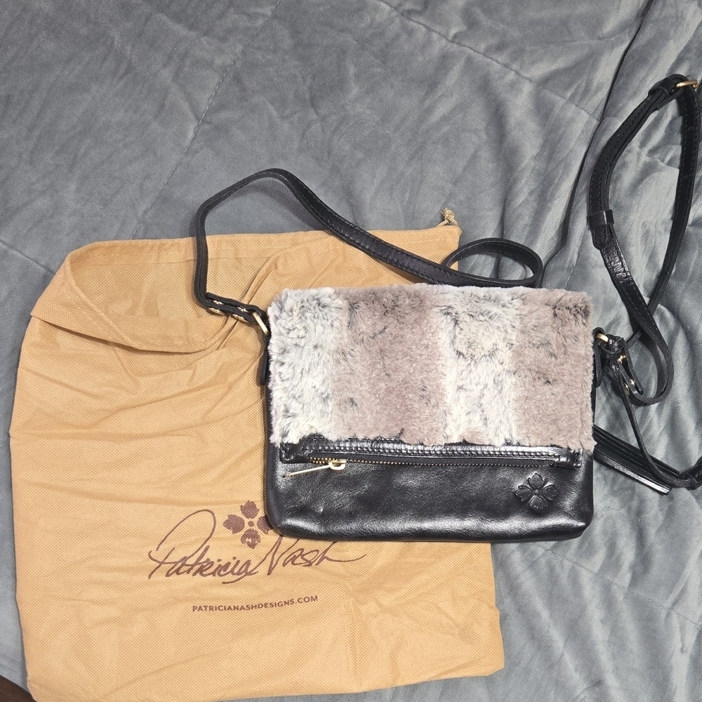 Patricia Nash Black and Gray Fur Crossbody Bag NWOT